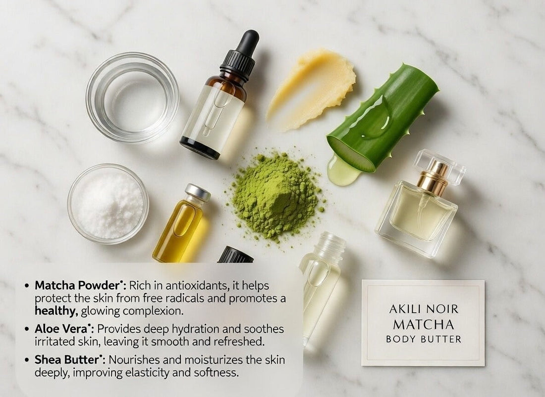 Handcrafted Matcha and Strawberry Body Butters by AKILI NOIR with botanical ingredients.