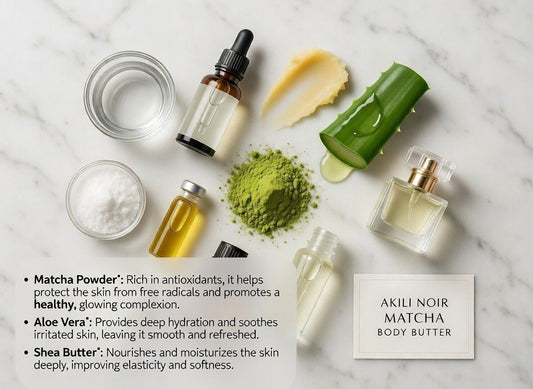 Handcrafted Matcha and Strawberry Body Butters by AKILI NOIR with botanical ingredients.